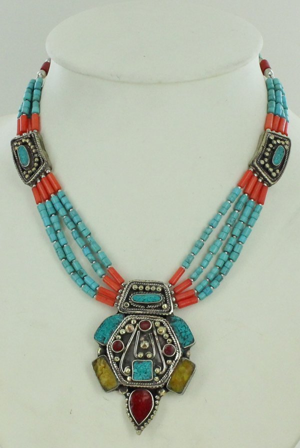 Heavy Tibet Coral Carnelian Lapis & Turquoise Necklace: Excellent handcrafted piece