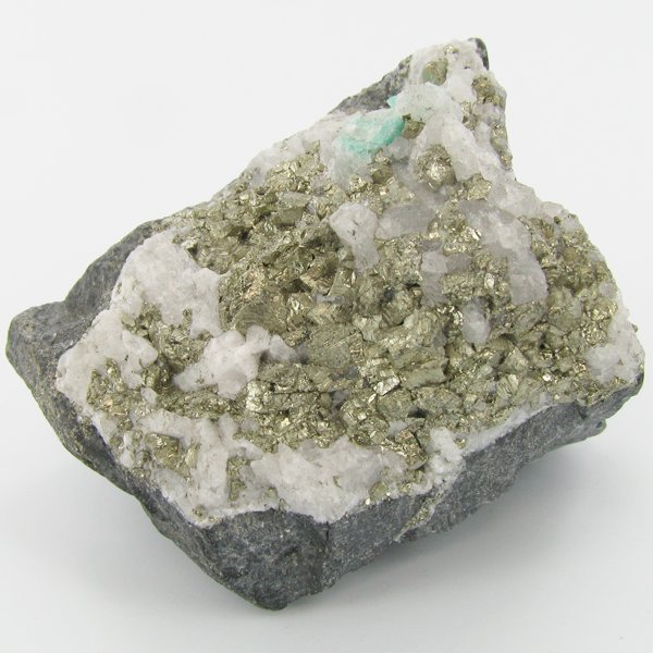 475ct Natural Colombian Emerald Crystal Cluster: Excellent specimen with pyrite crystals and small emerald crystal vein on base material
