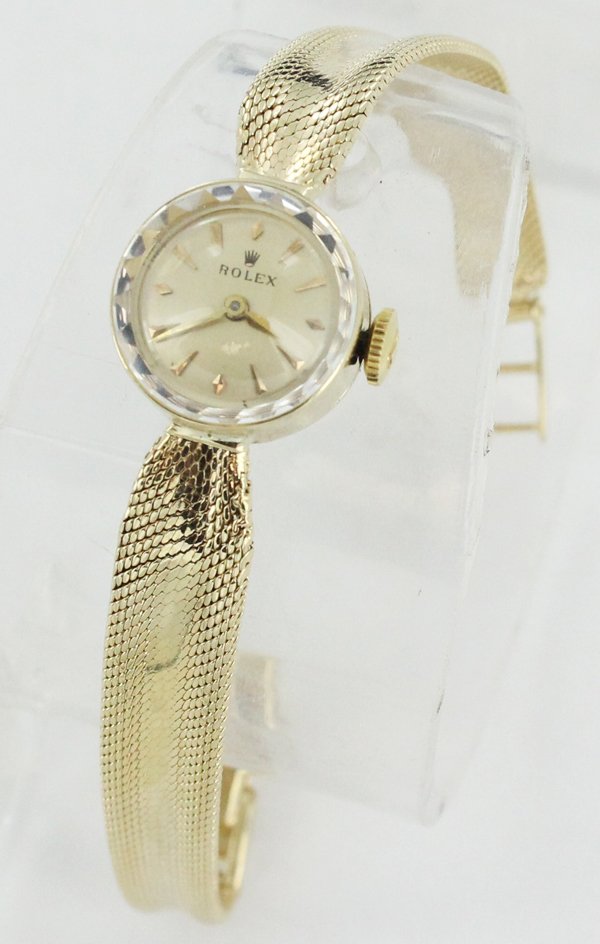 Vintage Ladies 14K Roles Watch With Unique Orig. Band: Nice working condition piece just serviced, cleaned & polished; rare original band style; from estate