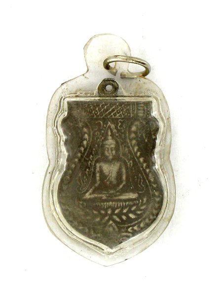 Antique Thai Silver Bronze Buddha Amulet in Plastic: Excellent antique piece