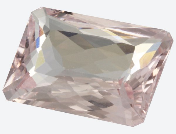6.55ct Peach Pink Flawless Morganite Emerald Cut: Excellent untreated grade 9 of 10 specimen; estimated Gem Guide wholesale $225, estimated retail $675; Brazil origin