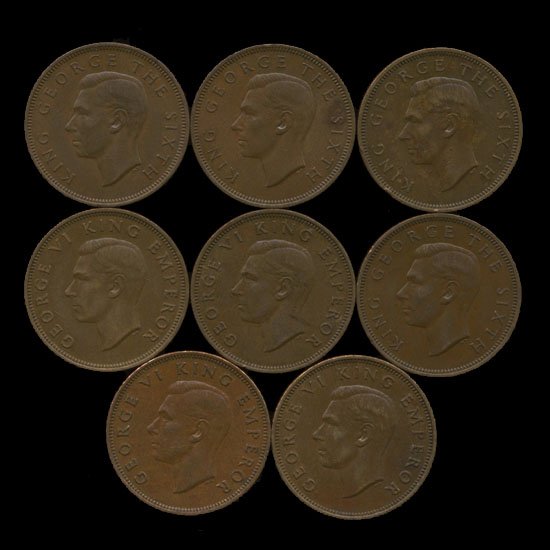 1944-1952 New Zealand AU+ 1/2 Penny Set: Scarce high grade AU+ set; 1944 1945 1946 1947 1949 1950 1951 1952 all in high grade; $70+ book value