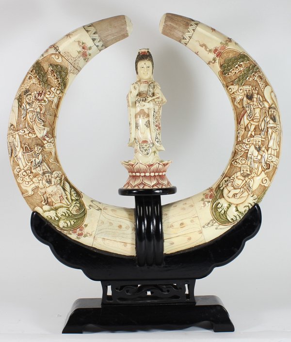 Handcarved Chinese Bone Kwanyin Tusk Pair: Excellent handcarved piece;