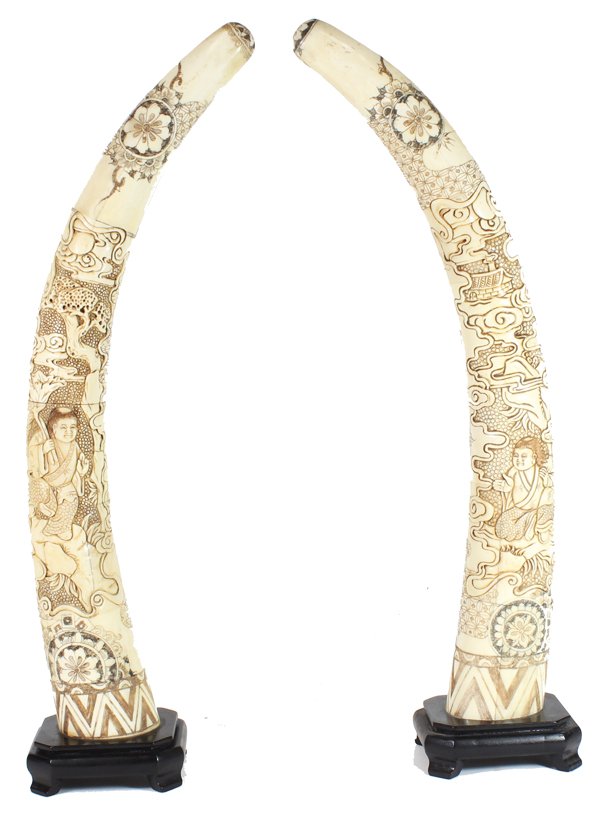 Handcarved Chinese Bone Tusk Pair: Excellent handcarved pair;