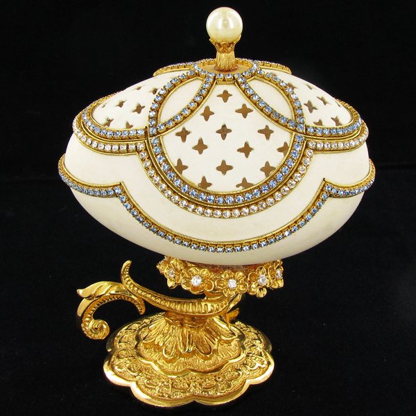 Fabrege Style Crystal Decorated Egg Ring Box: Well crafted; 5"