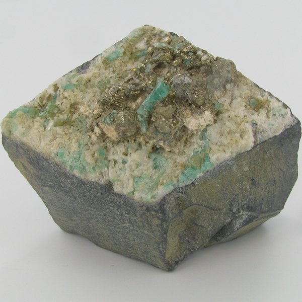 990ct Natural Colombian Emerald Crystal Cluster: Excellent specimen with pyrite crystals and small emerald crystal vein on base material