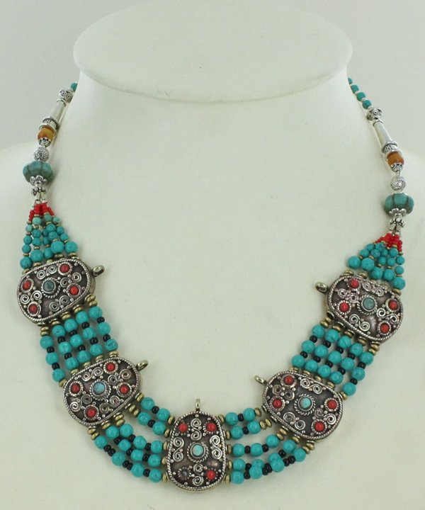Heavy Tibet Coral Carnelian & Turquoise Necklace: Excellent handcrafted piece