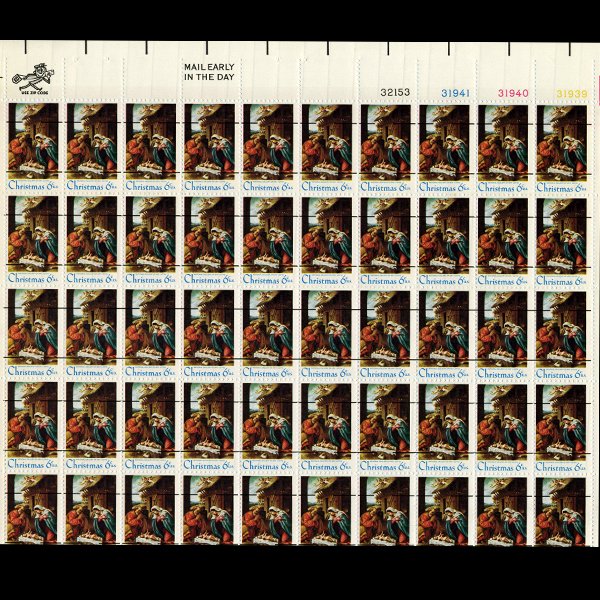 1970 US Xmas 6c Mint Sheet ERROR: Full 50pc precancel mint sheet with Mary's halo fading to the NW