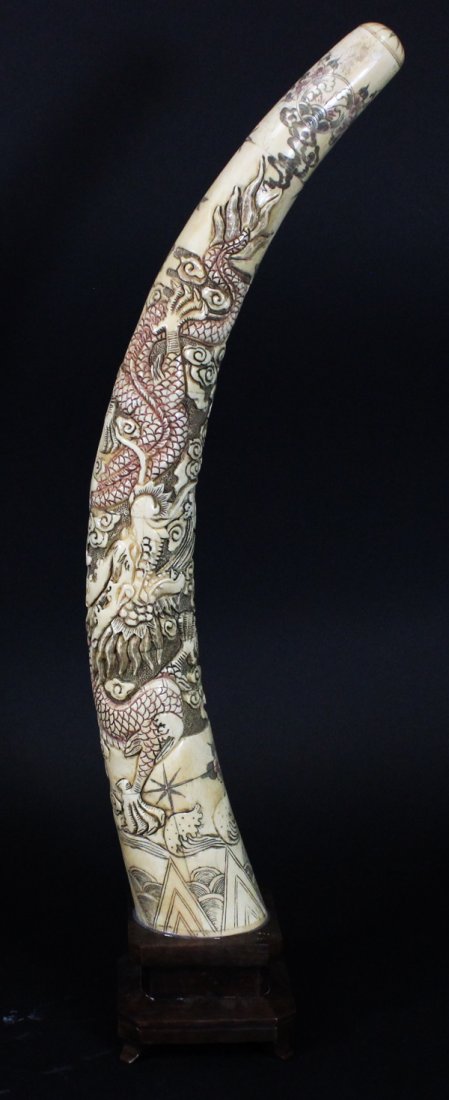 Chinese Handcarved Bone Pheonix Tusk on Base: Excellent handcarved piece; 18"