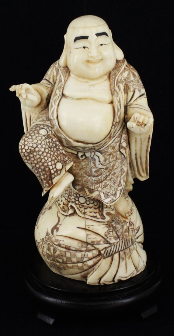 Chinese Handcarved Bone Happy Buddha: Excellent handcarved piece; 8"