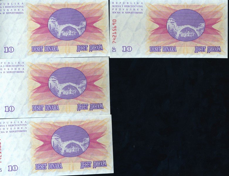 1992 Bosnia 10D Crisp Unc Note 10pcs Scarce Sequential: Scarce early indepencence issue; includes one or more scarce sequential serial number runs