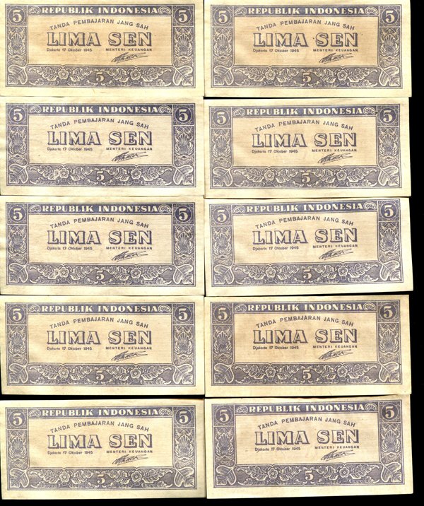 1945 Indonesia 5S Note Crisp Unc 10pcs Scarce: Scarce hi-grade set; includes one or more scarce sequential serial number runs