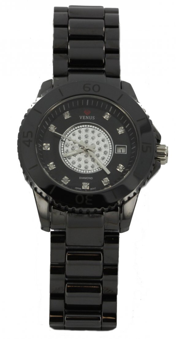 New Ice Time Venus Diamond Face Black Ceramic Watch: Excellent brand new piece with ceramic case and 10 white diamonds in face; box & papers included; $2495 retail