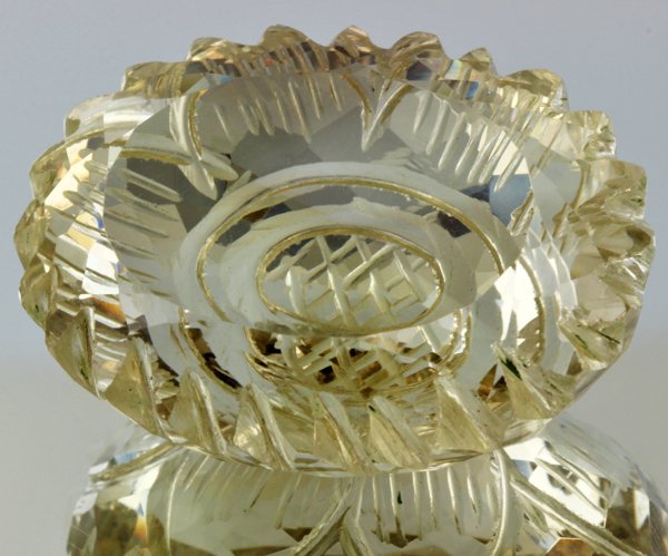 101.9ct Lemon Yellow Citrine Carved Cut: Excellent heated grade 9 of 10 specimen; estimated Gem Guide wholesale $35, estimated retail $100; Brazil origin