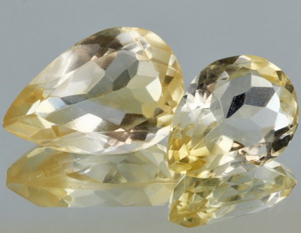 22ct Lemon Yellow Citrine Pear Cut Pair: Excellent heated grade 9 of 10 specimen; estimated Gem Guide wholesale $35, estimated retail $100; Africa origin