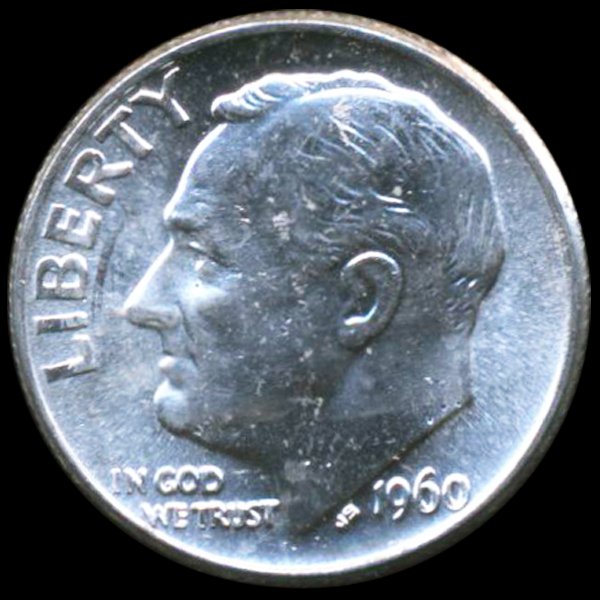 1960 Roosevelt 10c MS64/65 Double Die ERROR: Excellent gem with double die LIBERTY sperad at letter bottoms
