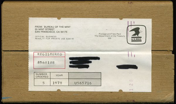 1978 RARE UN-Opened US Mint Set Mailer Box 5 Sets: RARE unopened/sealed mint mailer box of 5 sets! Look at these HUGE potential PCGS values PER COIN: CENT $3250; NICKEL $2850; DIME $1500; QTR $425; HALF $1300; DOLLAR $ 16000…AND THERE ARE MULTIPLES!