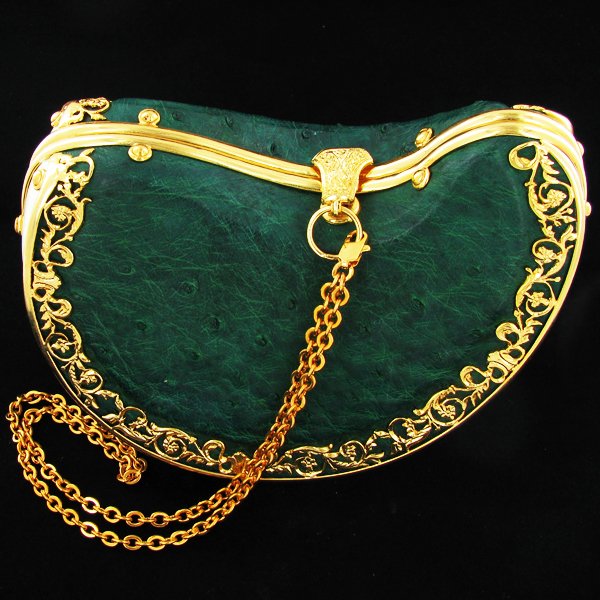 Ostrich Egg Lemon Wedge Shaped Clutch Purse: Excellent one-of-a-kind craftsmanship with gilded hardware, ostrich egg shell and skin, velvet lining, 6"