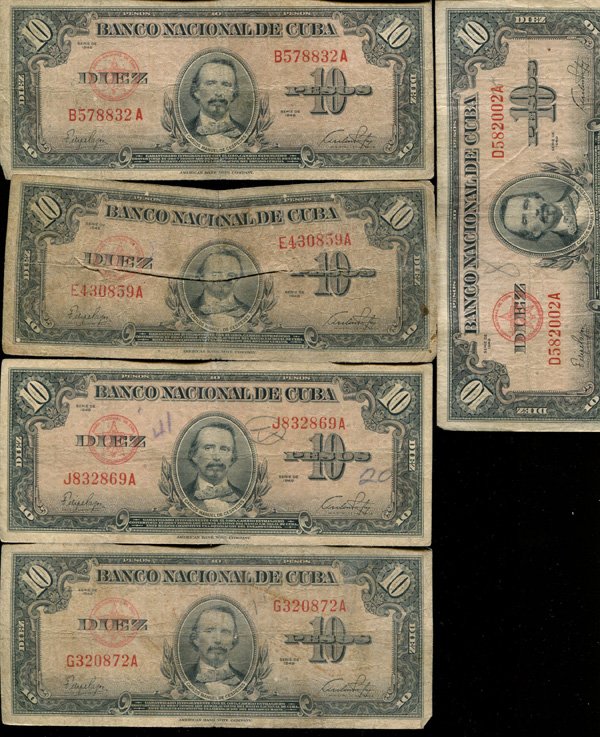 1949 Cuba 10 Peso Circulated Note 10pcs: Scarce early circulated note