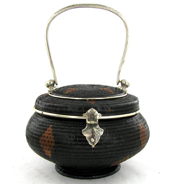 Finely Hand-woven Lipao Silver Plate Handbag: Many weeks of work in this finely, tightly woven Lipao vine handbag, silver plated hardware, silk lined with mirror; 5.5in wide