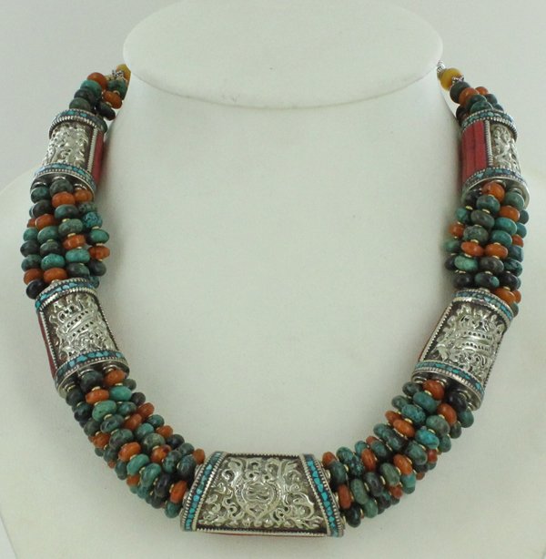 Heavy Tibet Coral Carnelian & Turquoise Necklace: Excellent handcrafted piece