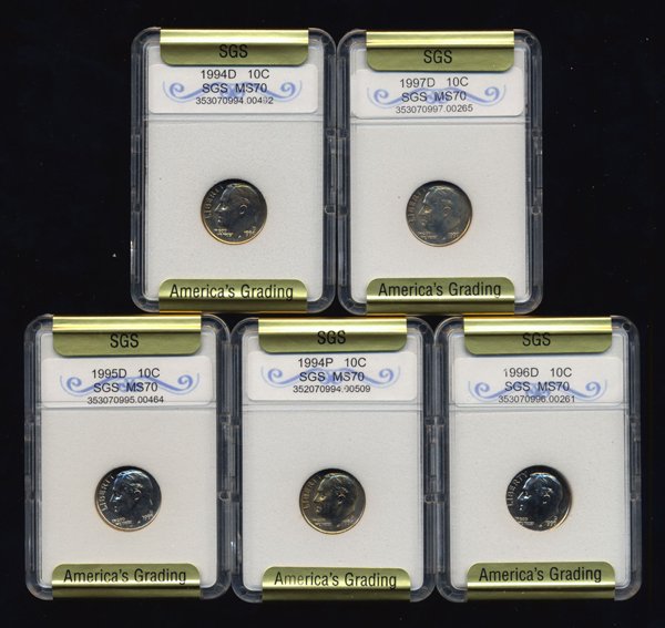 1994-97 Roosevelt Dime Set Graded GEMS: As pictured. Very high grade collection of Roosevelt dimes all graded MS 70 but we see as follows: 1994 MS66/66+; 1994D MS66/66+; 1995D MS66/66+; 1996D MS67/67+; 1997D MS67/67+. The 1989D has full ban