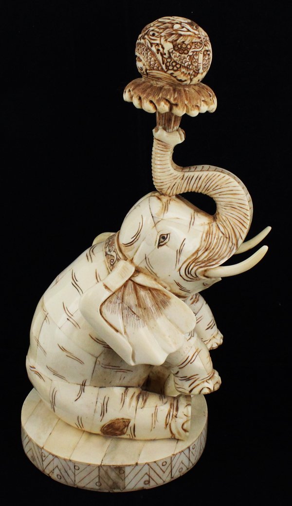 Chinese Handcarved Bone Elephant Holding Dragon Ball: Excellent handcarved piece; 10.5"