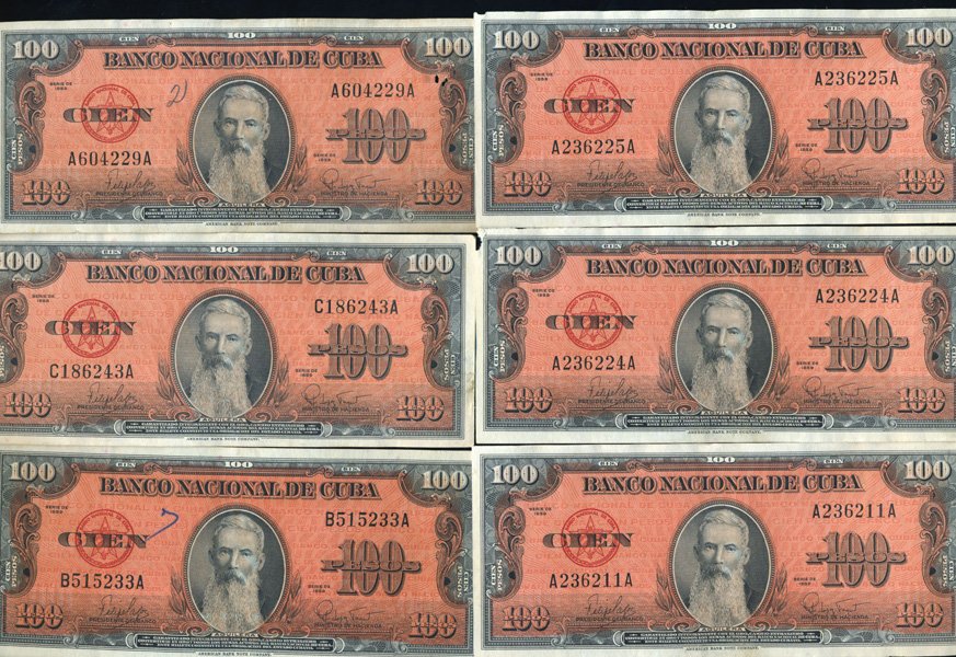 1959 Cuba 100 Peso Hi Grade Note 10pcs: Scarce early circulated note