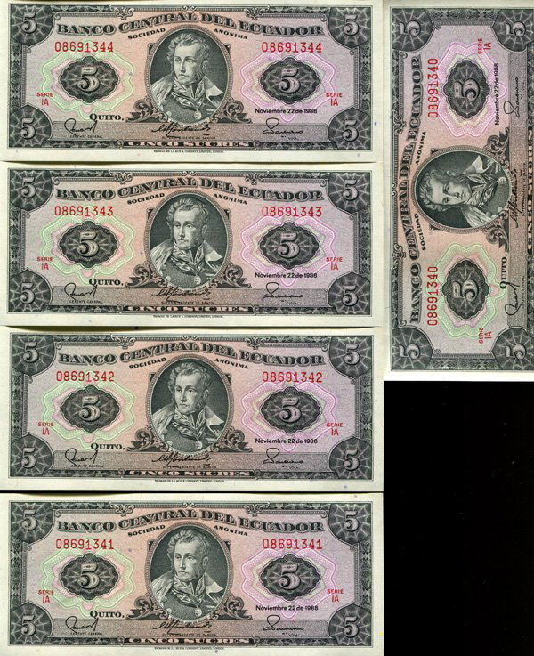 1988 Ecuador 5S Crisp Unc Note 10pcs Scarce Sequential (1 of 4)