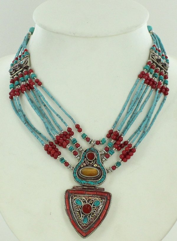 Heavy Tibet Coral Carnelian & Turquoise Necklace: Excellent handcrafted piece