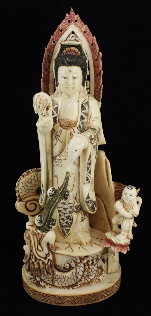 Handcarved Chinese Bone Kwan Im: Excellent handcarved piece; 10.5"