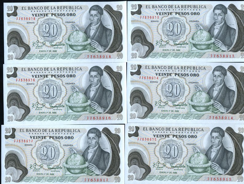 1982 Colombia 20P Crisp Unc Note 10pcs Scarce: Scarce high grade issue; includes one or more scarce sequential serial number runs