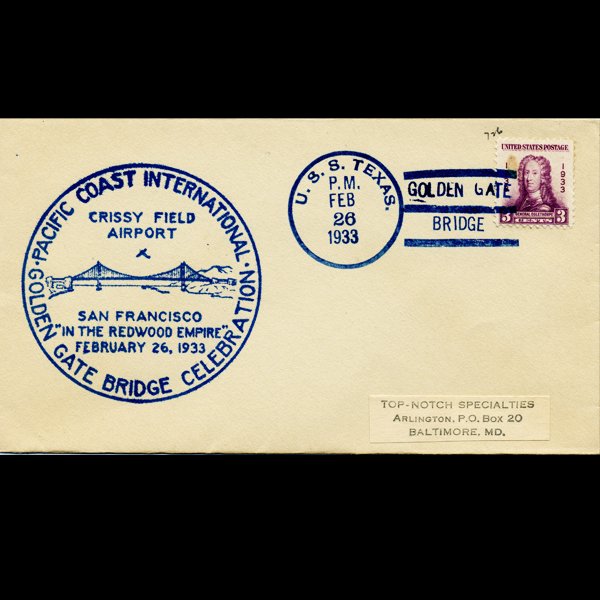 1933 USS 3c Texas Golden Gate Day Cover Scarce (1 of 1)