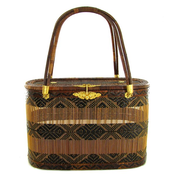 Finely Hand-woven Lipao Gold Plate Handbag: A week of work in this finely, tightly woven Lipao vine handbag, gold plated hardware, silk lined with mirror; 10in wide