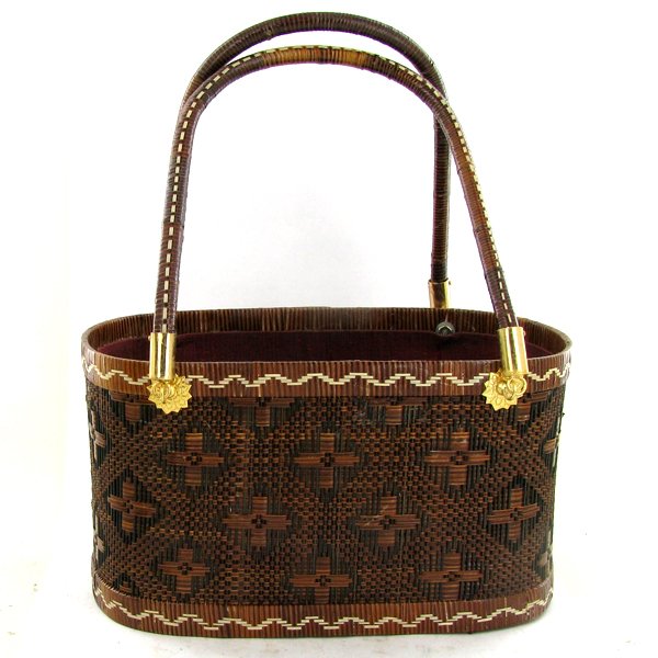 Finely Hand-woven Lipao Gold Plate Handbag: A week of work in this finely, tightly woven Lipao vine handbag, gold plated hardware, silk lined with mirror; 7.5in wide