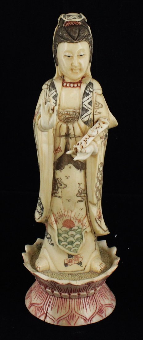 Handcarved Chinese Bone Kwan Im: Excellent handcarved piece; 9"