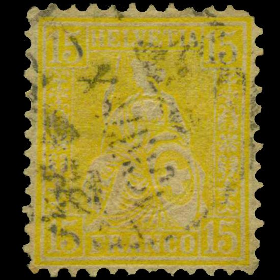 1867 Switzerland 15c Stamp: Scarce nice piece with no hidden flaws; SG 54 lemon $40; from an old-time German collection believed genuine but sold as-is bid accordingly
