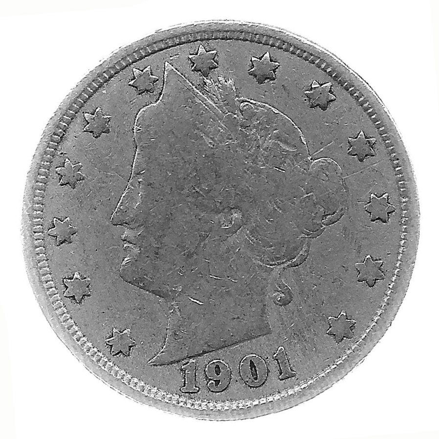 1901 Better Grade Lib 5c Partial Liberty Showing: Better grade circulated piece with partial to full LIBERTY showing