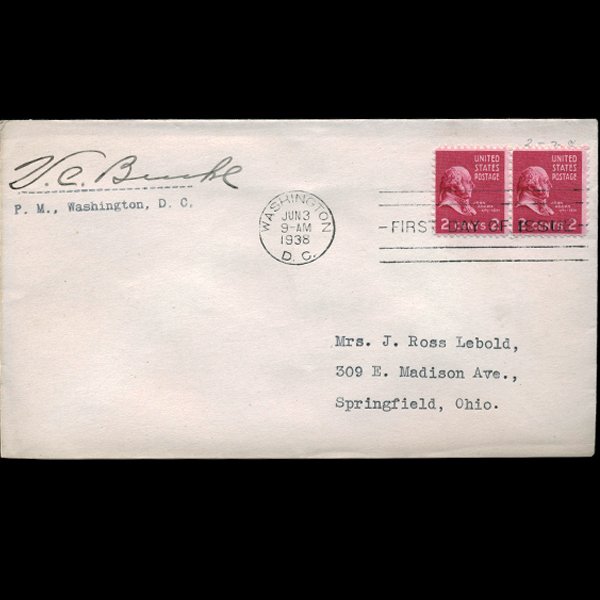 1938 US Postmaster Signed First Day Postal Cover (1 of 1)