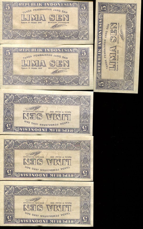 1945 Indonesia 5S Note Crisp Unc 6pcs Scarce Sequential: Scarce crisp unc; includes one or more scarce sequential serial number runs