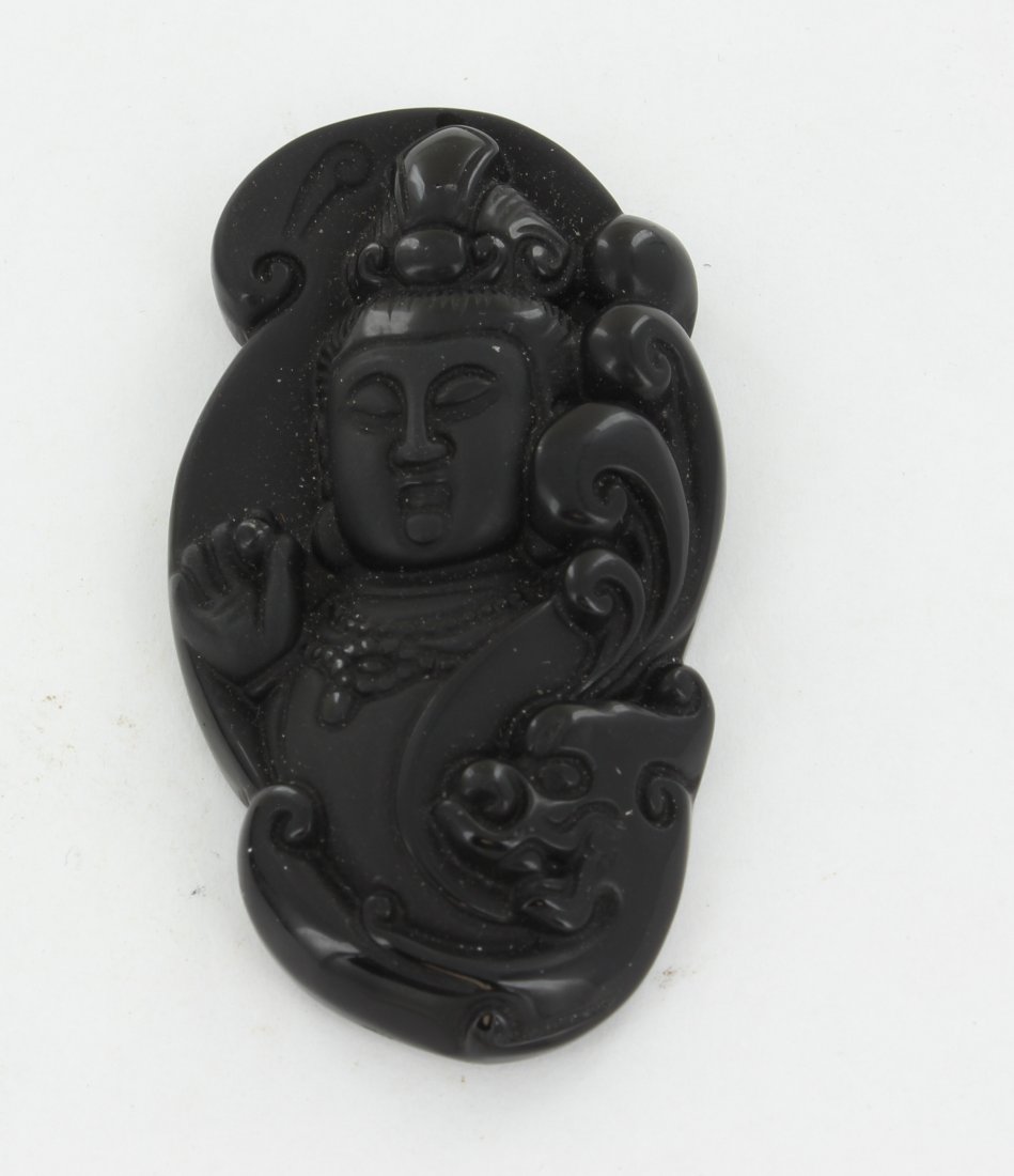 Finely Carved Black Obsidian Kwan Yin Pendant: Excellent handcarved piece