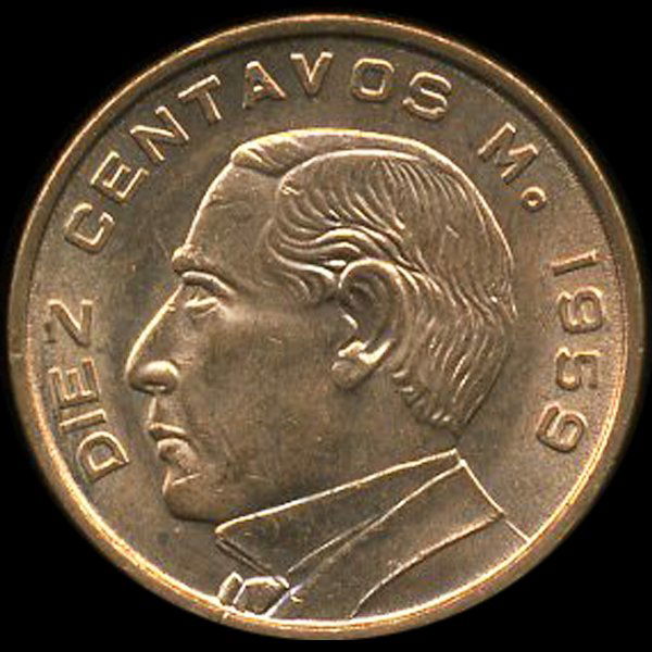 1959 Mexico 10c CHOICE Unc+ ERROR (1 of 2)