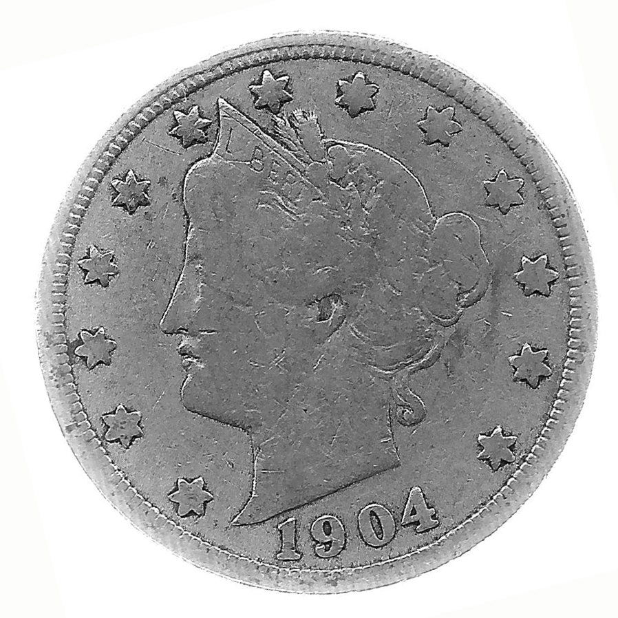 1904 Better Grade Lib 5c Partial Liberty Showing: Better grade circulated piece with partial to full LIBERTY showing