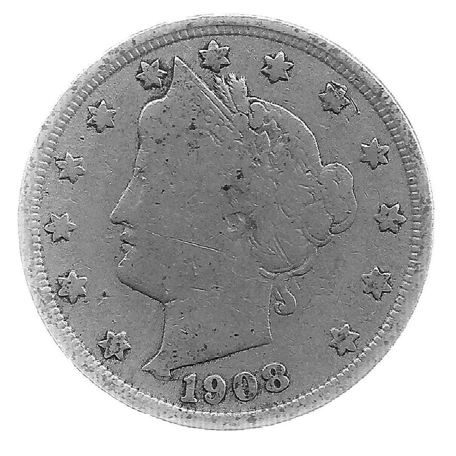 1908 Better Grade Lib 5c Partial Liberty Showing: Better grade circulated piece with partial to full LIBERTY showing