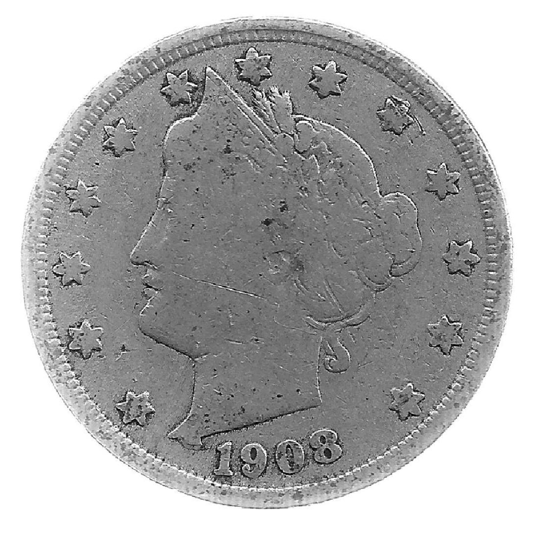 1908 Better Grade Lib 5c Partial Liberty Showing: Better grade circulated piece with partial to full LIBERTY showing