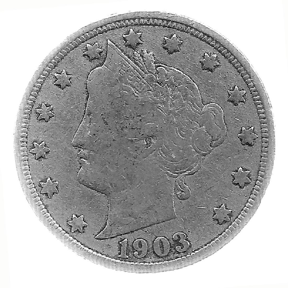 1903 Better Grade Lib 5c Partial Liberty Showing: Better grade circulated piece with partial to full LIBERTY showing