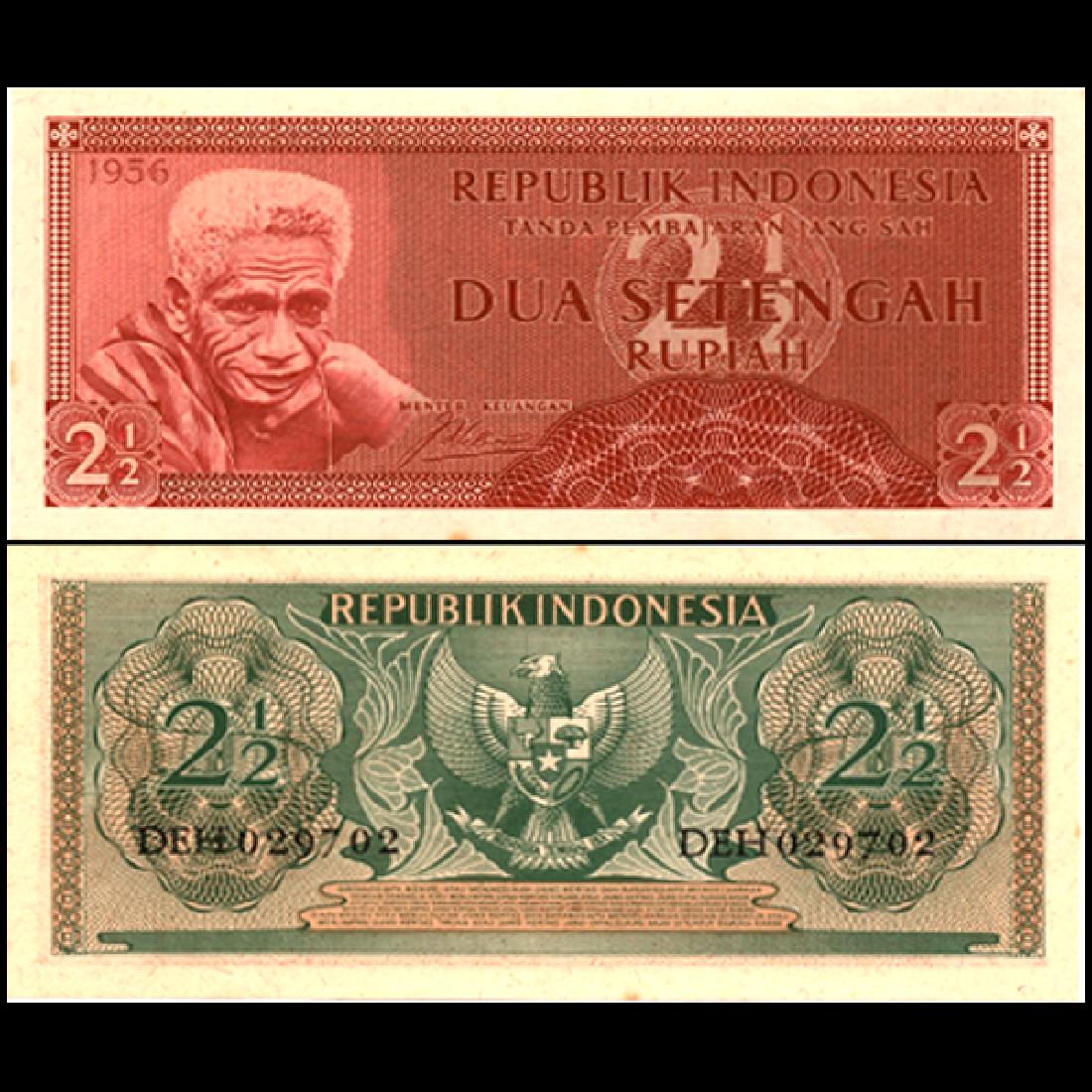 1956 Indonesia 2.5 Rupiah Note GEM Crisp Unc: Scarce issue in GEM crisp unc condition