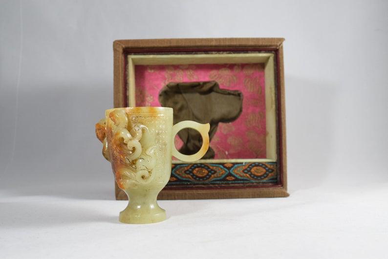 A Yellow Jade Cup with Dragon: A Yellow Jade Cup with Dragon 8.5cm x 7.6cm, 156 grams
