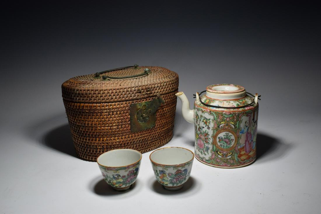 GuangCai Character Pattern Porcelain Pot, Cups with Basket (1 of 10)