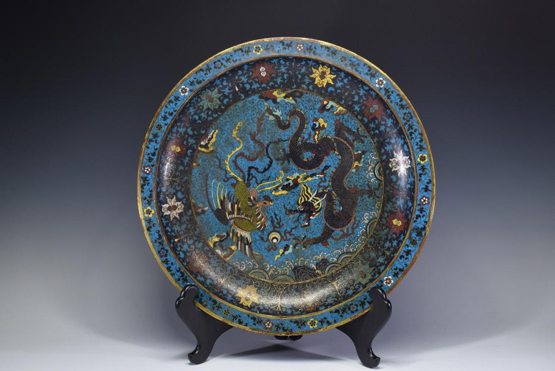 Large Chinese Dragon with Phoenix Pattern Cloisonne Plate (1 of 10)